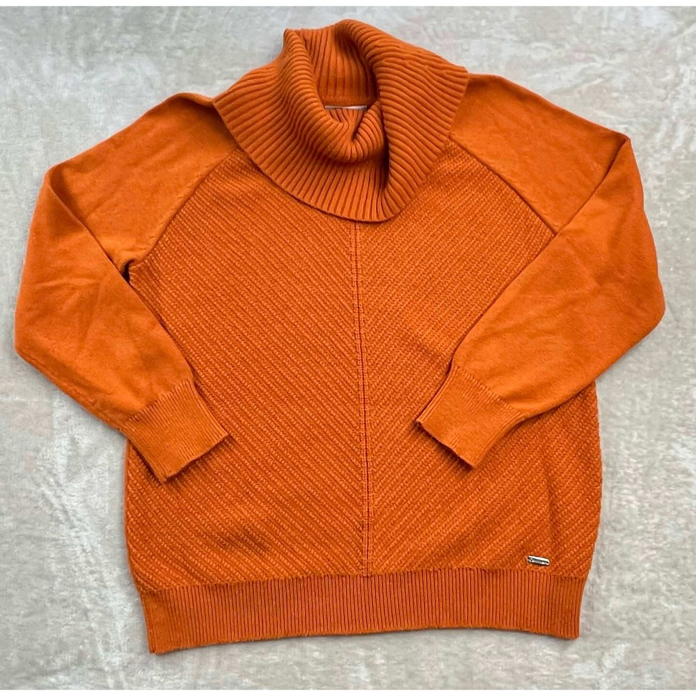 EUC Calvin Klein Women Orange Cowl Neck Chevron Knit Sweater Size Medium